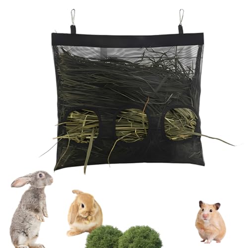 UIEXAY Bolsas De Heno Conejos, Bolsa De Heno Para Cobayas, Bolsa Comedero Automático, Colgante Comedero De Heno Con 3 Agujeros Para Mascotas Pequeñas, Negro