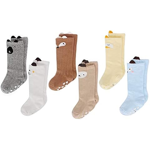 LACOFIA 6 Pairs Unisex Baby Anti-slip Knee High Long Socks Toddler Boys Girls Cotton Knitted Stocking with Grip, Style 1/Anti-slip, S/0-1 Years Cover