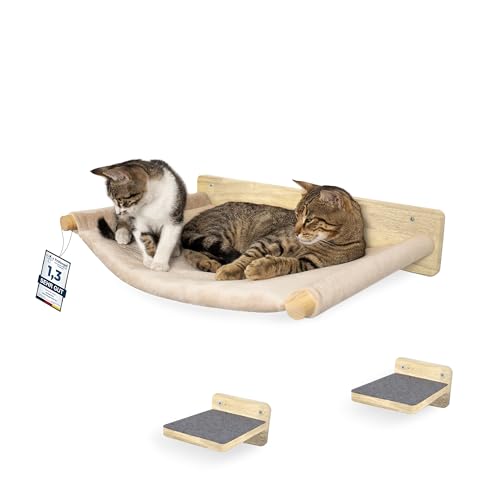 WOOWOOD® Kletterwand Katzen 3-teilig, Hängematte & 2 Treppen, Massivholz