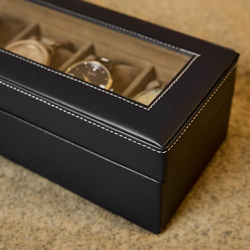 Image of Leather World Leatherette Watch Box Case Layer Lock 6 Slots Watches Storage Organizer Boxes Case Men Women- Black