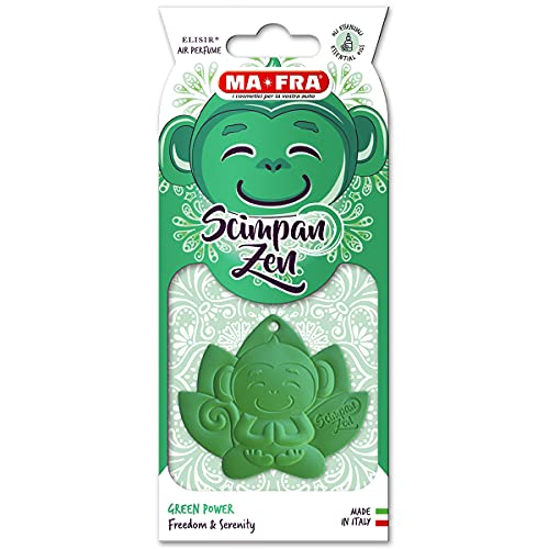 Ma-Fra, Chimpanzen Green Power, Perfumador de Goma para Coche, Mono Meditando sobre Flor de Loto, Inspirado en la Filosofía Zen, Fragancias Frescas de Limón Verde y Bergamota, 1 Pieza