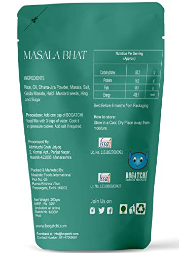 Image of BOGATCHI Quick Meals - Ready to Cook Authentic Masala BHAT - 200 g , Ready to Eat Meal and Tasty Instant Meal, 100% Natural Ingredients, No Preservatives, No Artificial Flavours & Colours