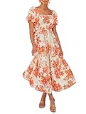ZESICA Women's 2025 Summer Boho Floral Print Square Neck Ruffle Swing Beach Long Maxi Dress,Tangerine,Medium