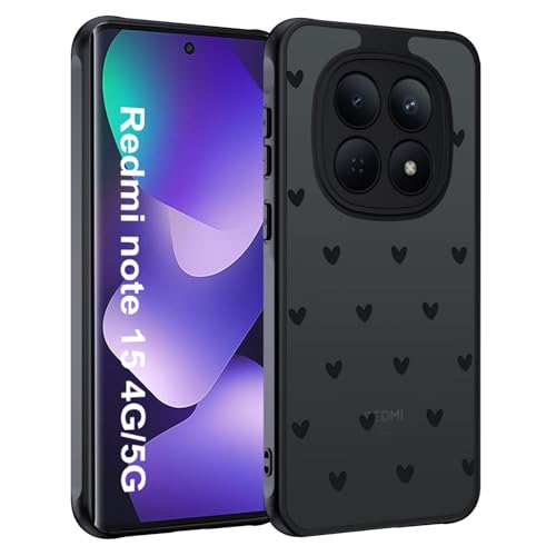 TUUTPU Handyhülle für Xiaomi Redmi Note 15 5G/4G Hülle Aesthetic Motiv Herz Muster Design Matt Transluzente Schlanke Hart Case Kratzfeste PC Rückseite + TPU Bumper Stoßfest Schutzhülle Schwarz