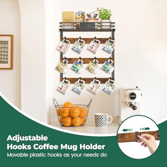 EsLuker.ly Coffee Mug Holder Wall Mounted Display Rack, Black Metal Cup Hanger Organizer with 12 Movable Plastic Hooks, Wood Rustic Shelf for Coffee Bar Home Kitchen, Thoughtful Wall Storage