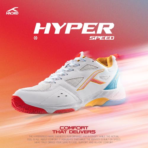 Image of HNDRD Hyperspeed Badminton Shoes (Non Marking) Indoor Sports | All-Day Comfort & Support | Cloud-Cushion Midsole | Active Grip Sole | Effortless Control (White /Crimson ; UK 8)