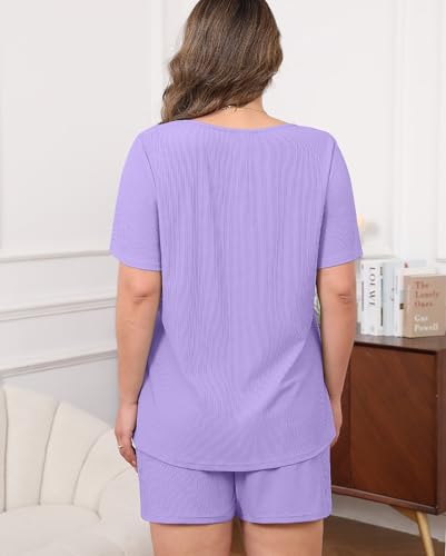 Image of Womens Plus Size Pajama Sets 2 Piece Summer Outfits Short Sleeve Tops Shorts with Pockets for Lounge Sleepwear