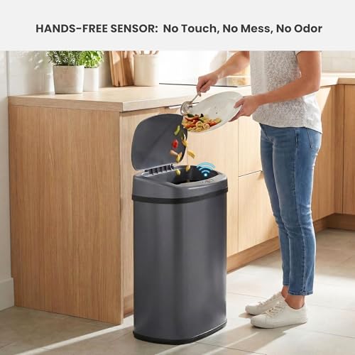 Image of iTouchless Patented 13 Gallon Motion Sensor Trash Can with Lid & AbsorbX Odor Filter | 50L Gray Stainless Steel Kitchen Garbage Bin, Fits Standard Bags, Long Battery Life, AC Adapter Compatible