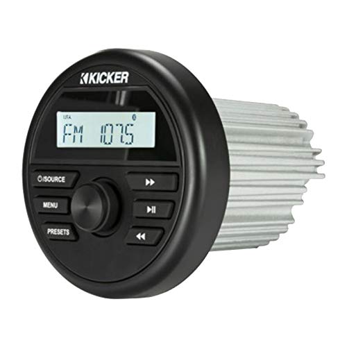 Kicker 46KMC2 Marine Bluetooth All-Weather AM/FM USB/AUX Gauge Style Media Center Receiver W/Black Cover, Bundle Combo with USB/AUX 3.5MM Interface Adapter, Black Flexible Hideaway 22