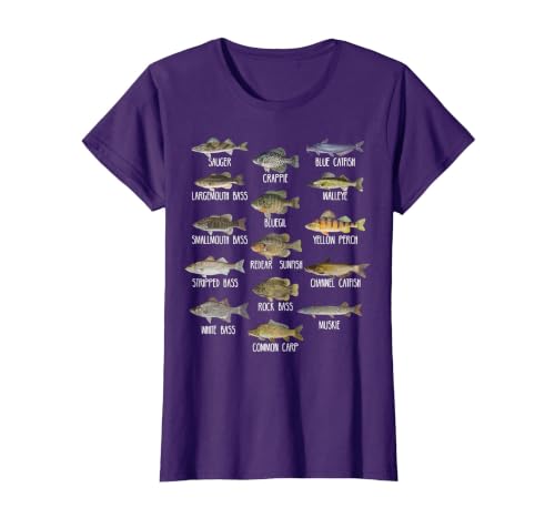 Types of Freshwater Fish Species Biology Fishing T-Shirt, Women, Purple, Medium