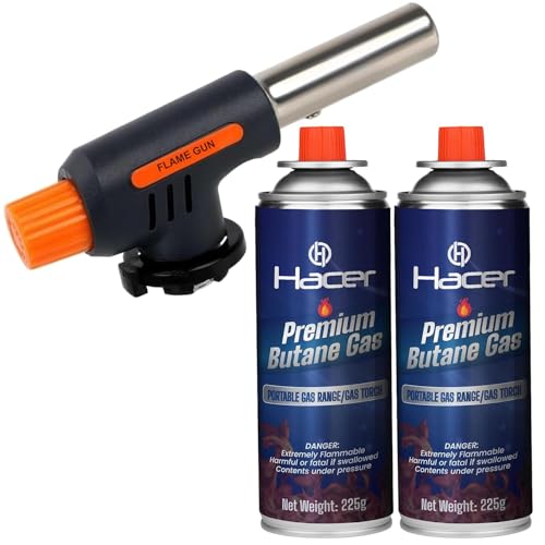 Image of HACER Automatic Camping Blowtorch with 2 Butane Gas Canister Welding Fire Gun Multi-Functional Handheld Soldering Torch Adjustable Flame Kitchen Lighter for Outdoor Use Cooking & Welding
