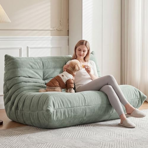 Image of Bean Bag Loveseat for Adults, 51.18 inch Double Floor Lounge Sofa with Reinforced Armrests, 30D High-Density Foam Support, Premium 450G Velvet Soft Seating for Living Room & Bedroom, Bean Green
