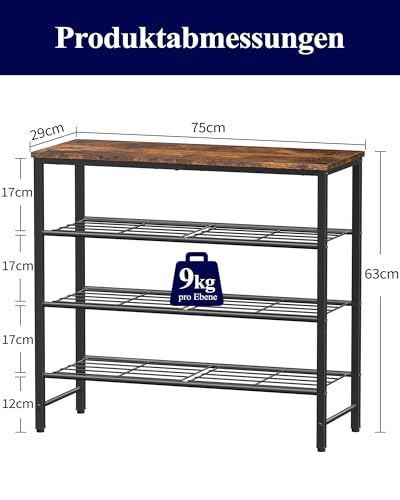 Kitsure Schuhregal mit Holzplatte, platzsparende Schuhregal aus Metall, langlebiges Aufbewahrung für Kleiderschrank, Eingangsbereich, Flur, 29 x 75 x 63 cm, Vintagebraun
