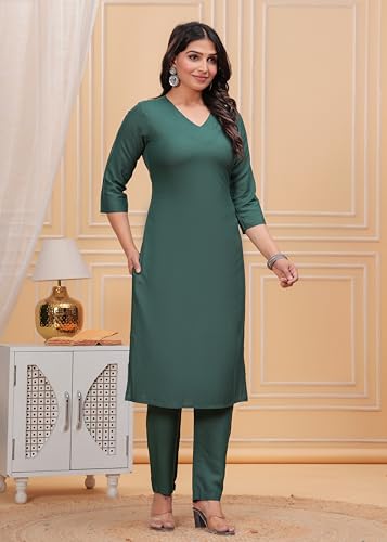 Image of ANILINE Women's Rayon Solid plain v neck kurta Trouser /Pant set