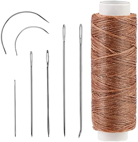 32 Yards Waxed Thread with Leather Hand Sewing Needles, 150D Flat Sewing Waxed Thread, and Leather Repair Needles for Home Upholstery Carpet Leather Canvas Repair and Sewing (Dark Khaki)