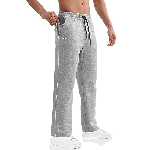 BROKIG Mens Open Bottom Jogger Pants Straight Leg Casual Stretch Sweatpants Sport Loose Fit Sweat Pants With Zip Pocket(Light Gray L)