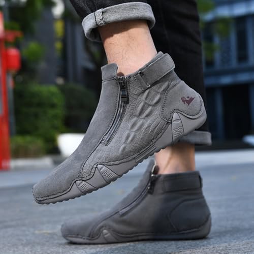 Image of Mens Mid-Top Leather Chukka Ankle Boots with Side Zipper Casual Comfortable Round Toe Non-Slip Flats Loafers for Walking Outdoor Hiking