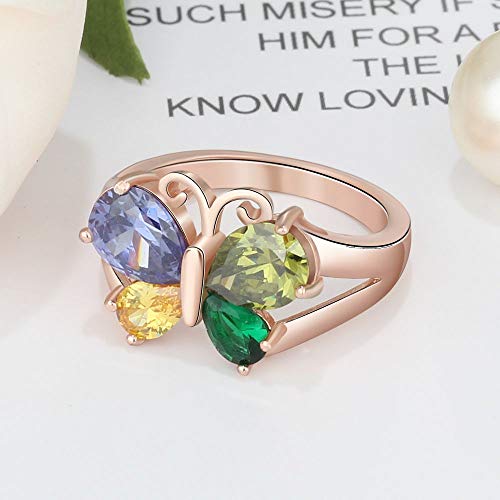 Personalized Mothers Rings with 4 Simulated Birthstones Rings for Mothers Promise Butterfly Ring for Women (Rose gold, 7)4