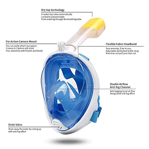 Image of VBM Full Face Snorkeling Mask Diving Gear - Dry Top System,180 Degree Panoramic View Snorkeling Mask with Camera Mount,Safe Breathing,Anti-Leak Anti-Fog-Swim Fins (Blue - S /M)