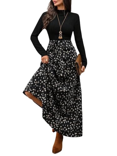 SweatyRocks Kleid Damen Elegant Patchwork Maxikleid Langarm Kleid Stehkrage Freizeitkleid A Linie Blumenkleid Herbst Outfit Schwarz L