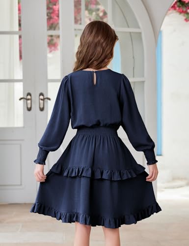 Arshiner Girls Long Sleeve Dress Boho Tiered Ruffle Hem Elegant Smocked Waist Midi Dress4