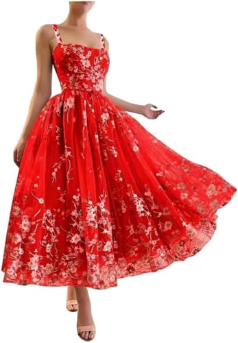 Tulle Prom Dresses for Women Embroidery Red Formal Dresses with Pockets Spaghetti Strap Lace Tea Length Evening Gown Plus Size 22