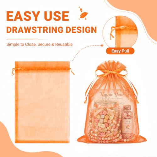 Image of FUNFERY 100PCS Orange Organza Gift Bags 5x7in,Drawstring Pouch for Jewelry