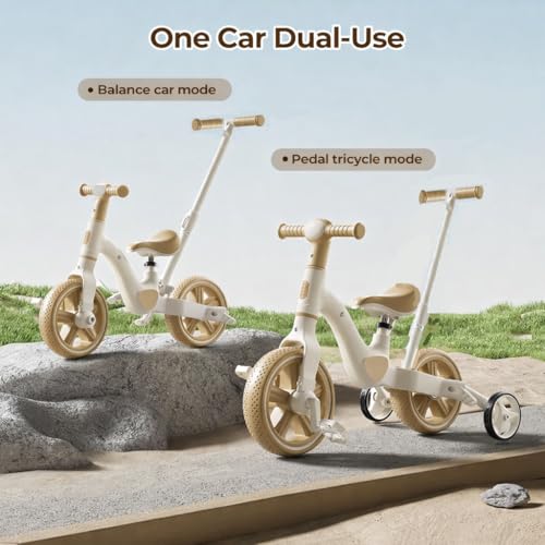 Image of MUMMAMIA 4 in 1 Tricycle with Push Handle, Converts to Balance Bike, 10 Inch Toddler Bicycle, Push Bike 18 Months to 4 Years, Unisex (Khaki)