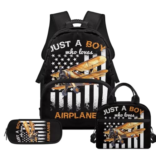HUIACONG Custom American Flag Backpack for Boys with Name Personalized Bookbag and Lunch Box Customized Airplane Backpacks for Elementary Middle School Bag Back to School Gifts