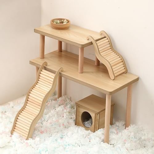 (2-Piece Set) Hamster Game Wooden Platform Tunnel Hidden Area Ladder Platform Wooden Bracket with Column, Hamster Squirrel Totoro Toy Cage Accessories