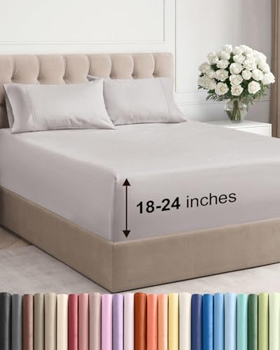 Image of Extra Deep Twin Sheet Set - 4 Piece Breathable Cooling Sheets - Light Grey | Hotel Luxury Bed Sheets Set, Easy & Secure Fit, Ultra-Soft, Wrinkle & Fade Free, Comfy Sheets Set with Extra Deep Pockets