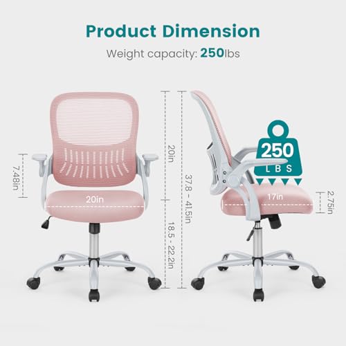 Image of DUMOS Home Office Computer Desk Chair, Ergonomic Mid-Back Mesh Rolling Work Swivel Task Chairs with Wheels, Comfortable Lumbar Support, Comfy Flip-up Arms for Bedroom, Study, Student, Pink
