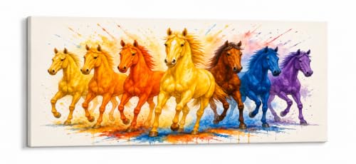 Image of 7 Horse Vastu Sunrise Canvas Painting | Positive Energy Wall Decor | Big Size Premium Running Horses Artwork for Home, Office & Hall Decoration (Modern, Yellow Horse, 44x20 Inch)
