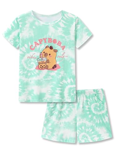 Tebbis Girls 2-Piece Capybara Boba Pajama Set - Mint Green Tie-Dye Tee & Shorts Comfy Loungewear Size 12