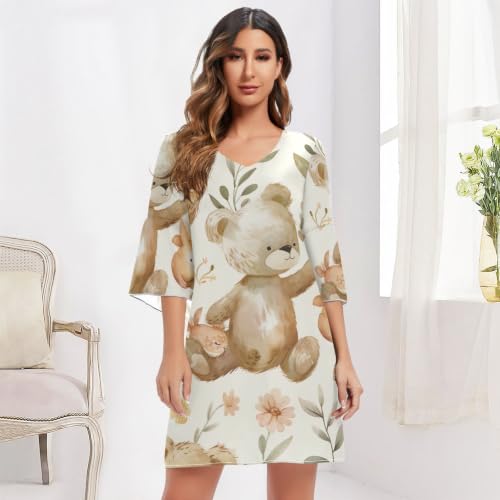 Robe col en V motif ours lapin chic beige à manches 3/4