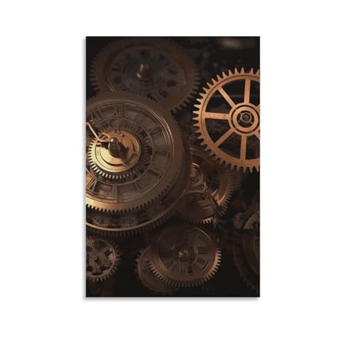 Horloge engrenages bronze sur toile : tableau déco salon moderne