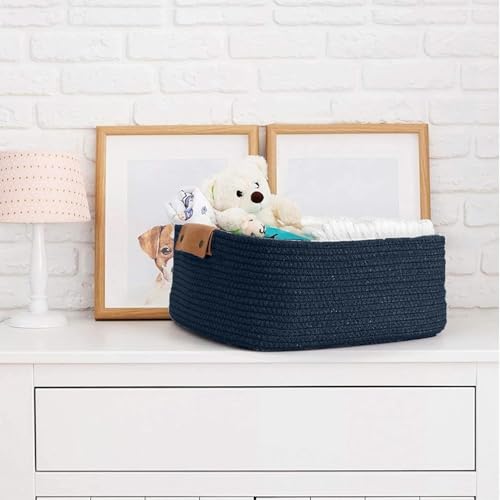 Image of ☆LBY Rectangle Cotton Rope Woven Basket with Handles for Books, Magazines, Toys - Ideal Gift Decorative Basket for Baby Nursery, Living Room (black, medium 12 x 8 x 5 inch)