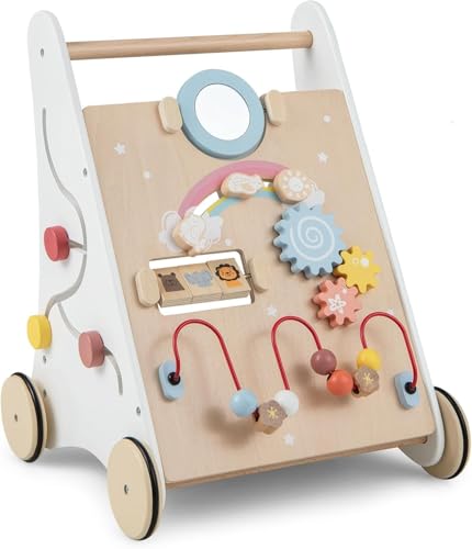 RELAX4LIFE 7 en 1 Andador Bebes de Madera, Parque Infantil Bebe con 7 Juguetes Interactivos y Espacio de Almacenaje, Correpasillos Bebe, Juguete Montessori para Bebés 12+ Meses, 34,5x32,5x45cm, Blanco