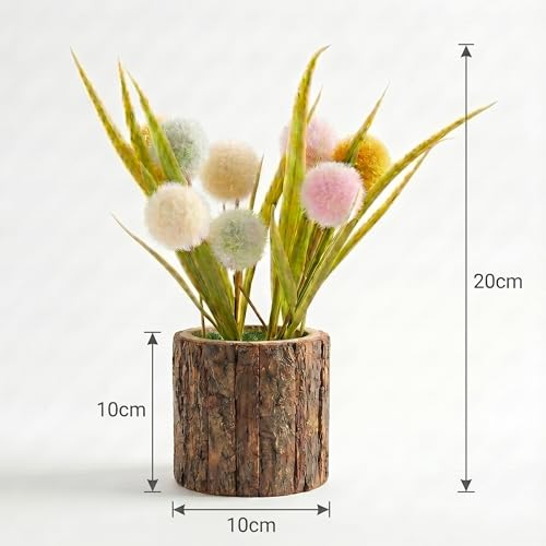 Image of Dekorly Artificial Multi Colour Pingpong Flower with Real Wooden Vase (28CM Overall Height) | Decorative Lifelike Faux Floral Plant in Rustic Tree Log Pot for Living Room(Pingpong Flower)