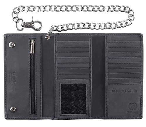 Image of F&L CLASSIC Chain Wallets for Men buffalo premium leather RFID blocking long style Tri-fold for Trucker, bikers, black buffalo