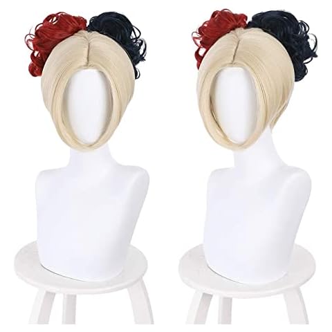 Peluca Lwiuentx Anime Cosplay Rubia con Moño Rizado Mitad Negra y Mitad Roja + Gorro Gratis Cover