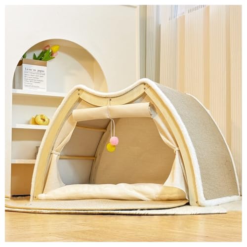 fancyfly猫テント ペットテント 猫ハウス 猫爪研ぎ 多目的猫ベッド 猫の巣 四季通用 半密閉型 通気性 大容量 クッション付き 無垢材フレーム 小型犬や複数の猫に適しています (P007)