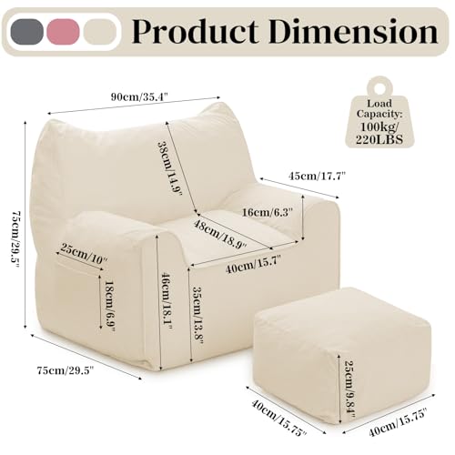 HOMMPA Bean Bag Chairs with Square Stuffed Pouf Ottoman Cat Shaped Comfy Bean Bag Sofa for Adults Large Reading Couch for Living Room Bedroom Dorm,Beige - image 9
