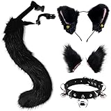 [OLYOLY] 4点セット ハロウィン かわいい コスプレ 特大65cm 尻尾 猫鈴 つけ耳 狐ダンス ケモナー ケモミミ 猫耳 カチューシャ アニマル 動物 首輪 メイド (02 黒)