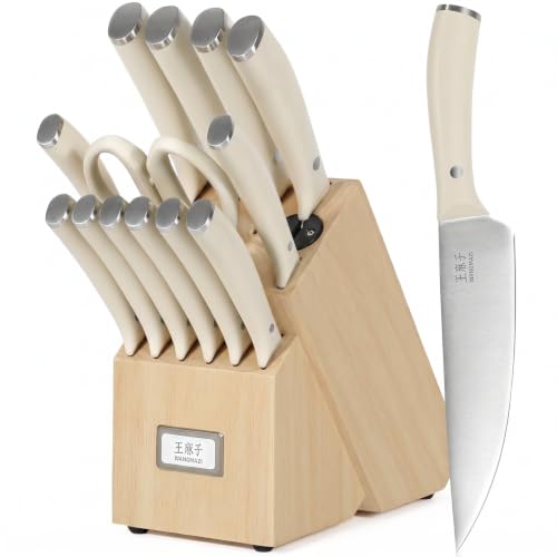 WANGMAZI 15-Pcs Knife Block Set, High Carbon Steel Ultra Sharp, Natural