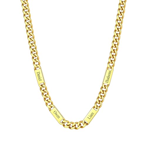 Custom4U Personalized Stainless Steel Cuban Link Chain for Men Women, 5mm/7mm/9mm Width Engraving 1-6 Names Cuban Chain Necklace, Steel/14K Gold Plated/Black Fathers Day Gift Hip Hop Jewelry