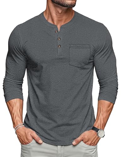 Image of MAGCOMSEN Shirts for Men Long Sleeve Cotton Casual Henley T Shirt Lightweight Breathable 3 Buttons Tops,Dark Grey,XL