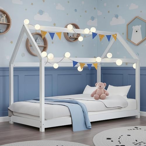 Artiss Bed Frame Sturdy Wooden Single Kids White House Shape Dreamlike Beds Platform Base, Toddler Home Bedroom Room Furniture, Solid Pine Wood Easy Assembly