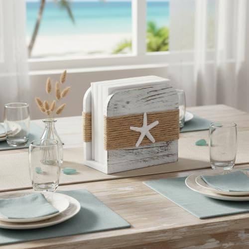 Image of Natural Wooden Napkin Holder, Farmhouse Napkin Holders Upright Wooden Tissue Dispenser for Kitchen Dining Room Table Decor Indoor & Outdoor Use (Beach Style,White)
