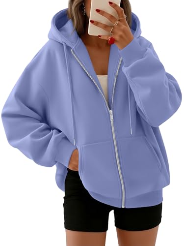 Trendy Queen Womens Zip Up Hoodies Oversized Sweatshirts Fall Fashion Outfits Casual Jackets 2025 Winter Clothes, Blue Purple, Large